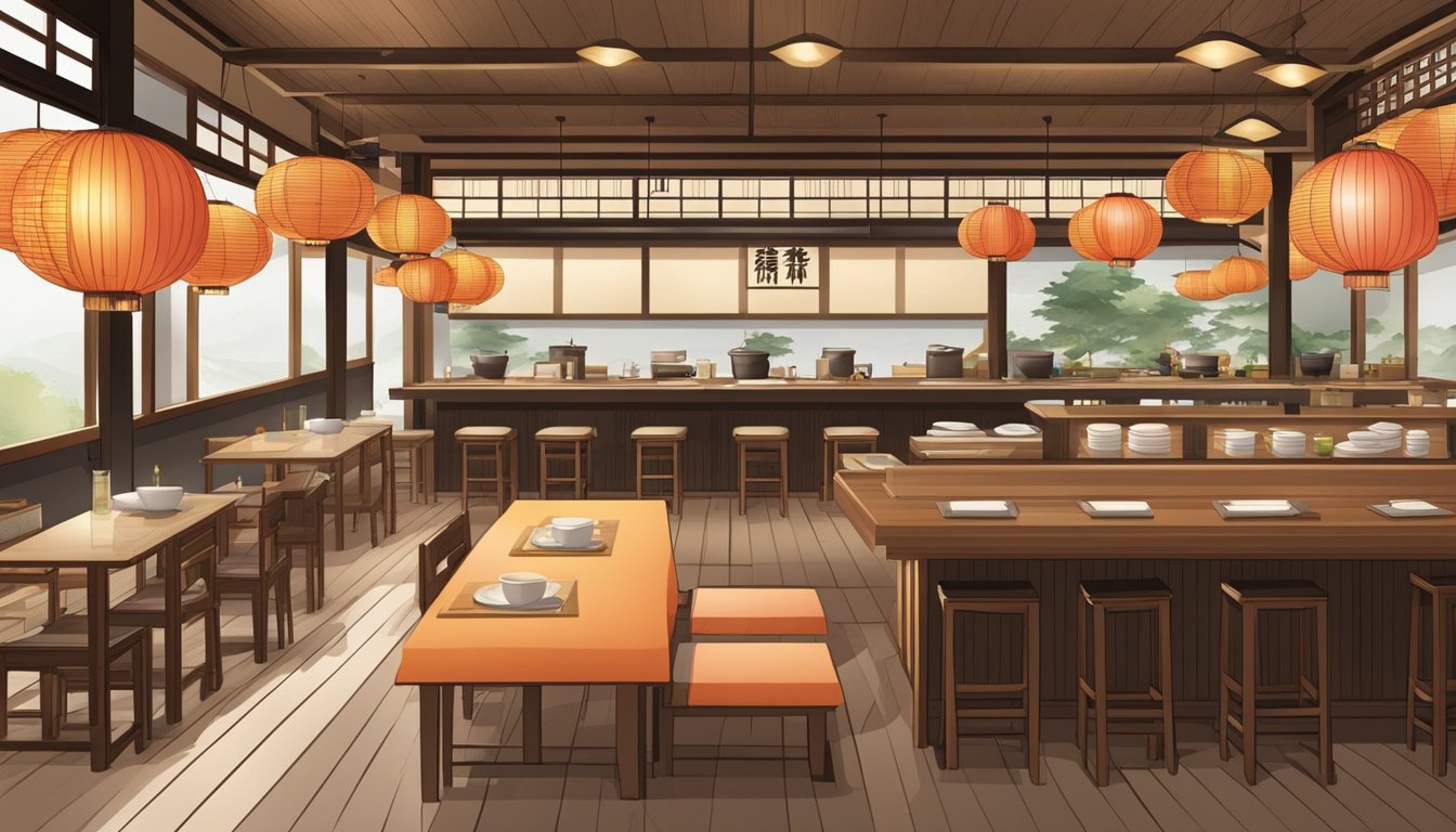 A serene Japanese restaurant with traditional decor, low tables, and paper lanterns. A sushi bar and open kitchen add to the lively atmosphere