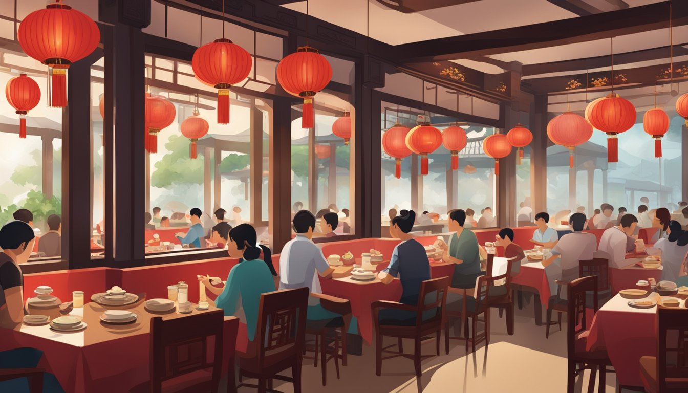 A bustling Chinese restaurant in Singapore with red lanterns, ornate wooden furniture, and steaming plates of dim sum on every table