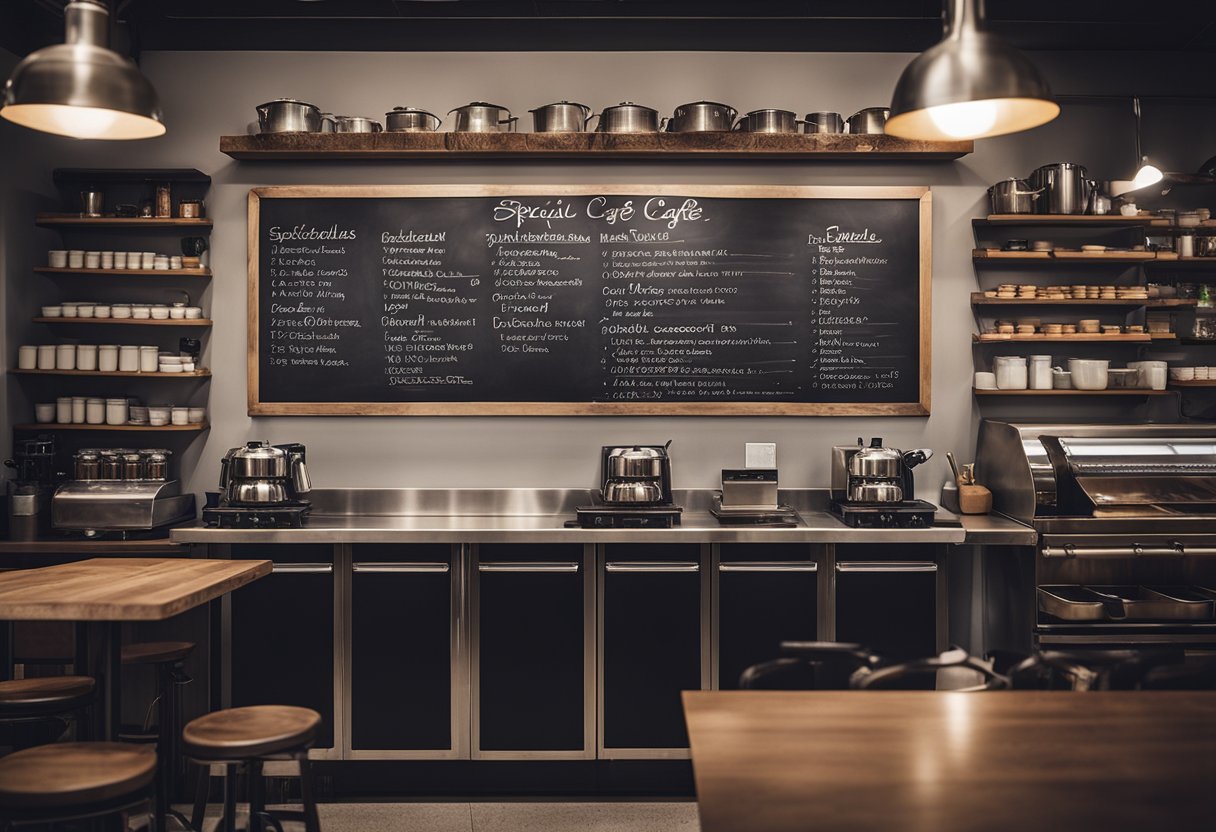 The small cafe kitchen is filled with stainless steel appliances, hanging pots and pans, and a bustling espresso machine. A chalkboard menu displays the day's specials, while shelves hold jars of coffee beans and pastries