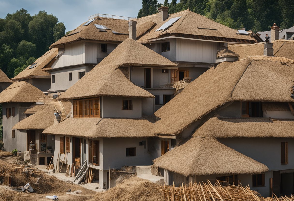 A house with a sloped roof is being renovated, with workers installing new thatch or metal sheets on top