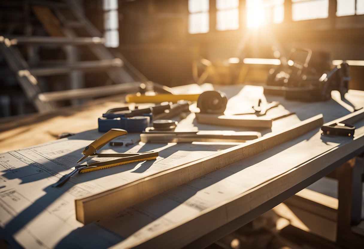 A blueprint and tools lay on a table, with a ladder leaning against the roof. The sun shines through the window, casting a warm glow on the renovation plans