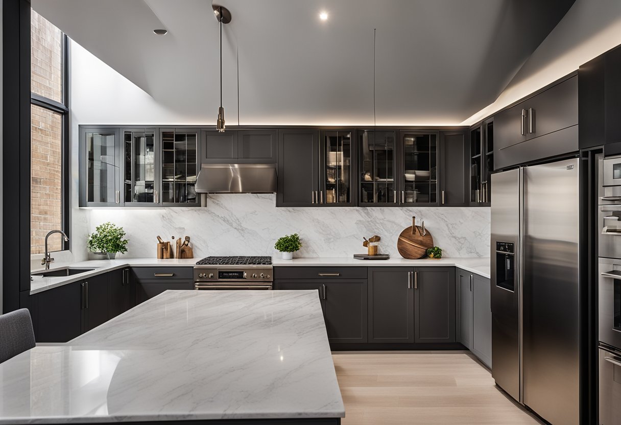 An L-shaped kitchen with sleek, modern cabinet designs, stainless steel appliances, and a marble countertop