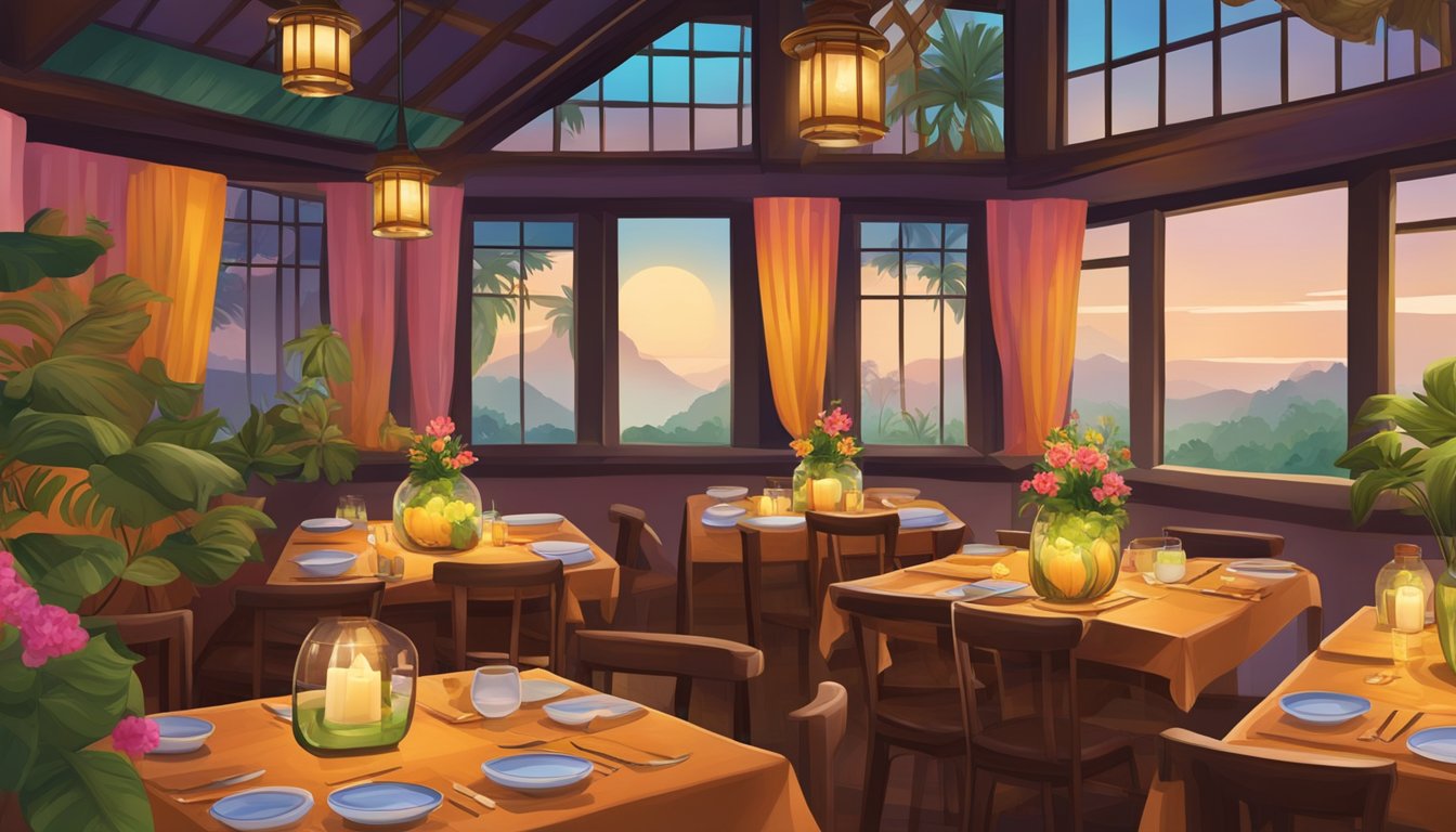 A cozy Thai restaurant with traditional decor, warm lighting, and aromatic scents. Tables are adorned with colorful tablecloths and vibrant floral centerpieces