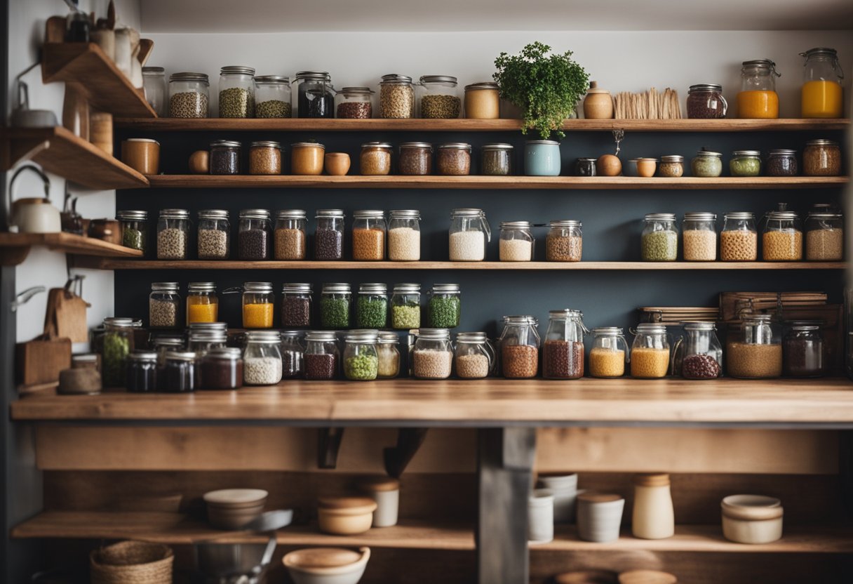 A cozy small cafe kitchen with rustic wooden countertops, hanging pots and pans, and shelves filled with jars of colorful ingredients