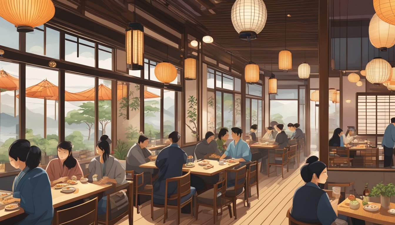 A bustling Japanese restaurant with a modern interior, adorned with traditional Japanese artwork and lanterns. Customers enjoy sushi and sashimi at sleek wooden tables