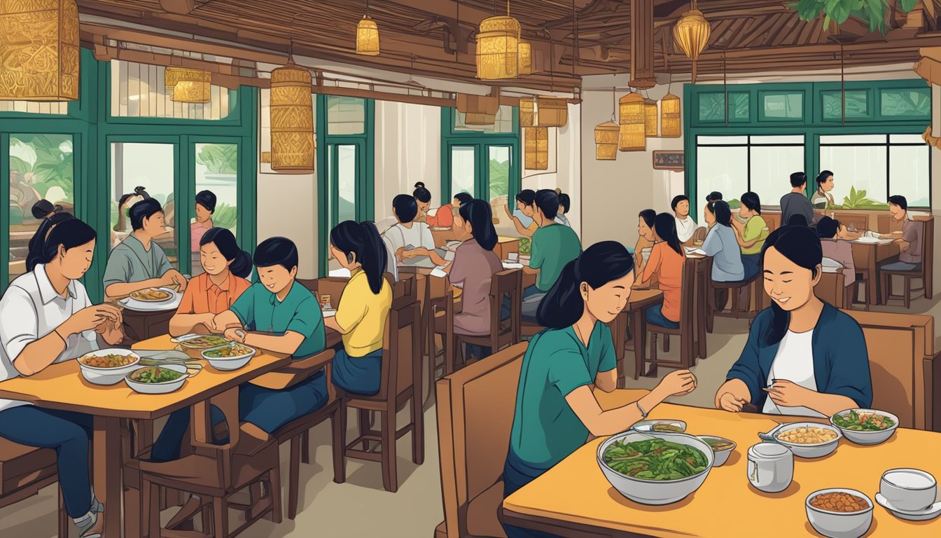 A bustling Thai restaurant with a sign reading "Frequently Asked Questions mae toi mahasarakham" and customers enjoying their meals