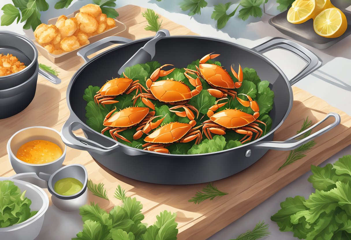 Baby crabs being sautéed in a sizzling pan. Garnish with fresh herbs and serve on a bed of lettuce