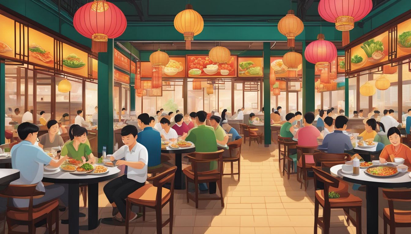 A bustling Chinese restaurant in Singapore, filled with vibrant colors and aromas of sizzling stir-fries and steaming dumplings