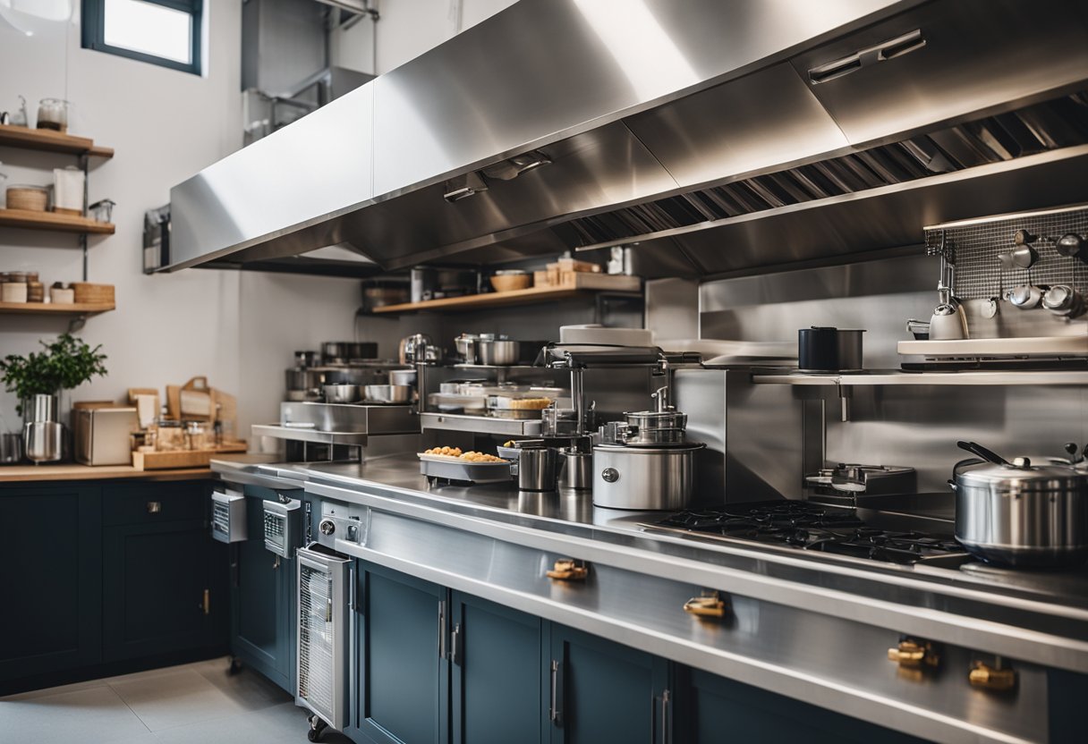 The small cafe kitchen is organized with efficient workstations and storage. The layout maximizes space and allows for easy movement and access to equipment