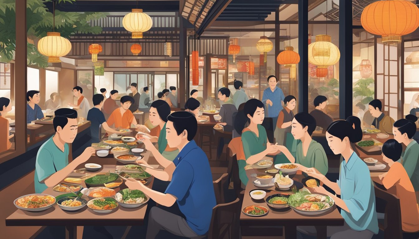 Customers savouring Japanese dishes in a Tanjong Pagar restaurant, surrounded by traditional decor and vibrant food displays