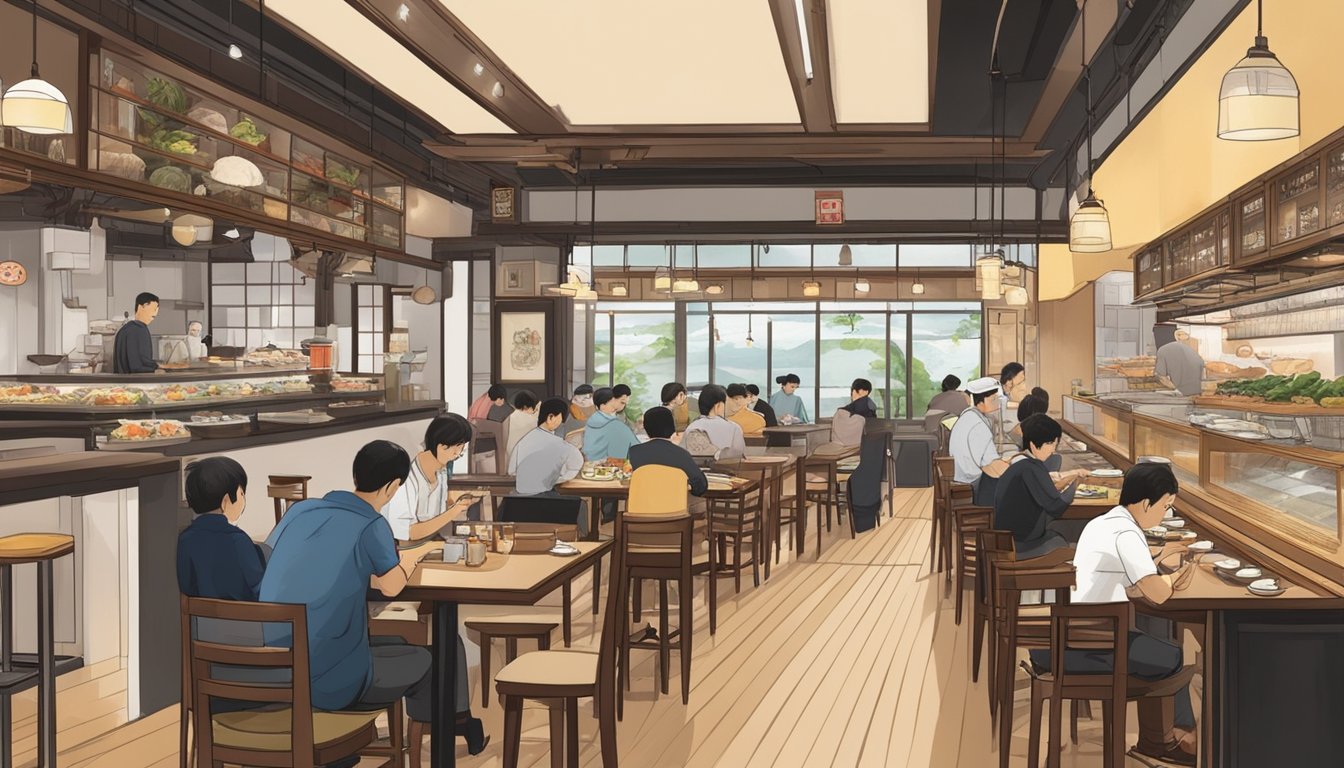 A bustling Japanese restaurant in Tanjong Pagar, with traditional decor, low tables, and a sushi bar. Customers enjoy their meals while chefs skillfully prepare fresh sushi and sashimi