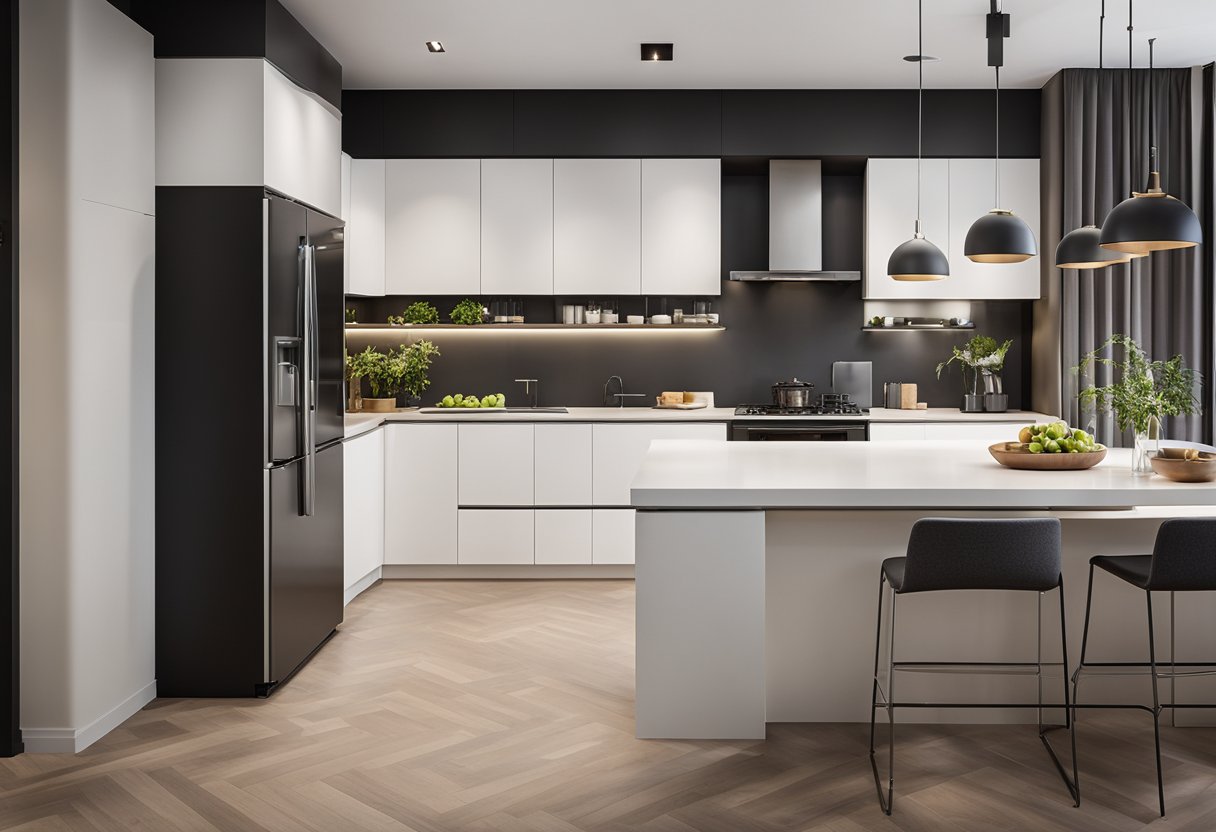 The kitchen seamlessly flows into the living area, with sleek L-shaped cabinets and a modern design