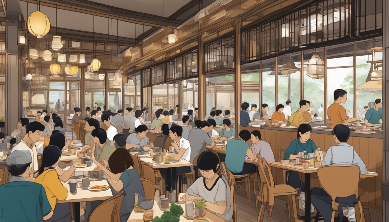 A bustling Japanese restaurant in Tanjong Pagar, filled with diners enjoying their meals and servers bustling about attending to their needs
