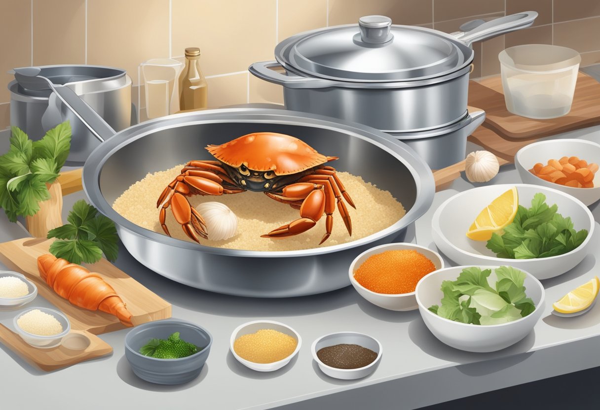 A baby crab being carefully prepared and cooked in a kitchen, surrounded by ingredients and utensils for the recipe