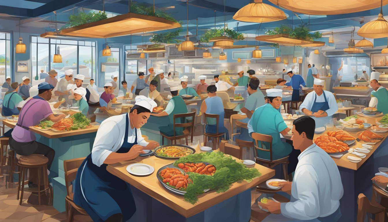 A bustling poisson restaurant with colorful seafood displays, chefs busy at work, and diners enjoying their meals