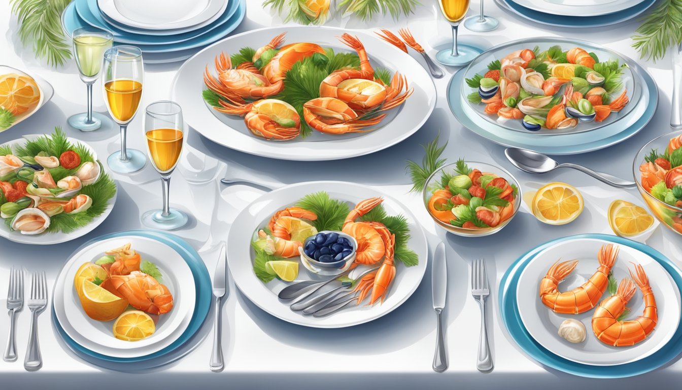 A table set with a white tablecloth, adorned with colorful plates of gourmet seafood dishes, surrounded by elegant cutlery and sparkling glassware