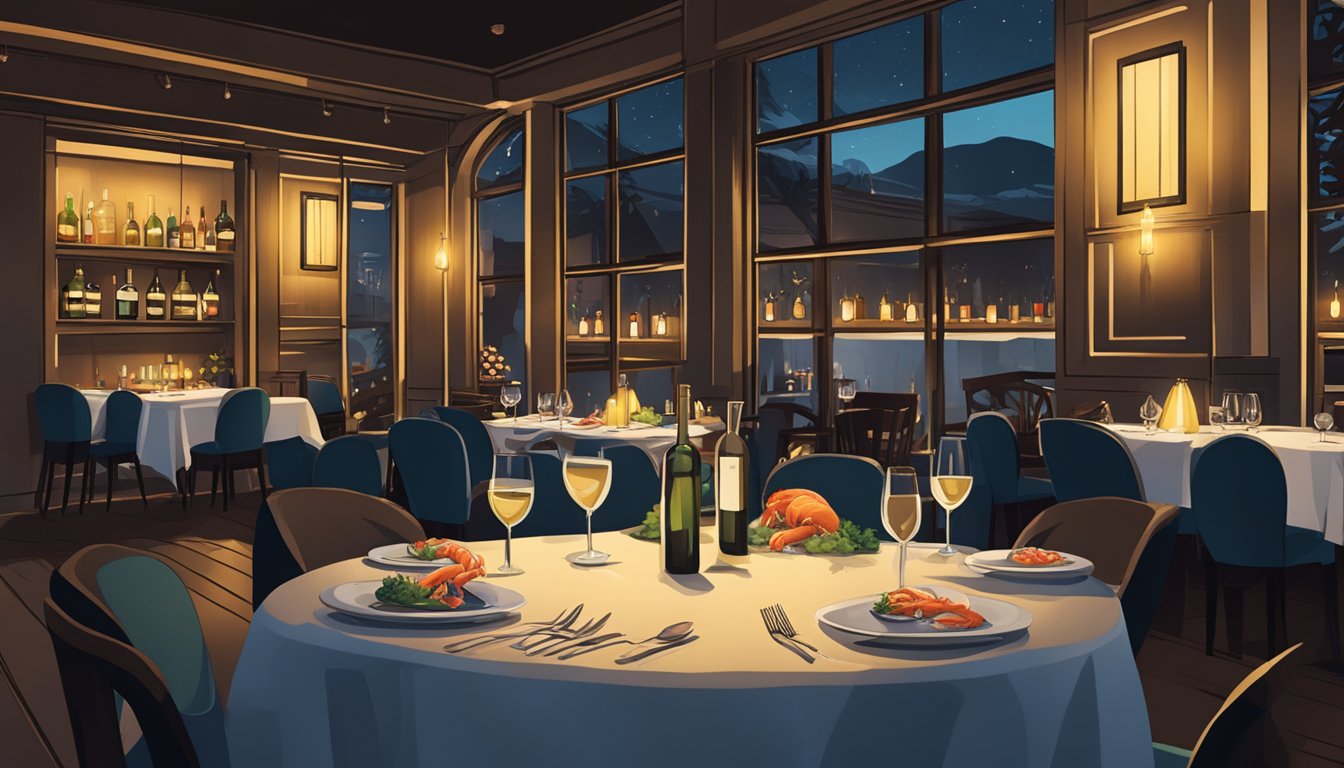 A dimly lit restaurant with flickering candlelight, wine glasses clinking, and a seafood display