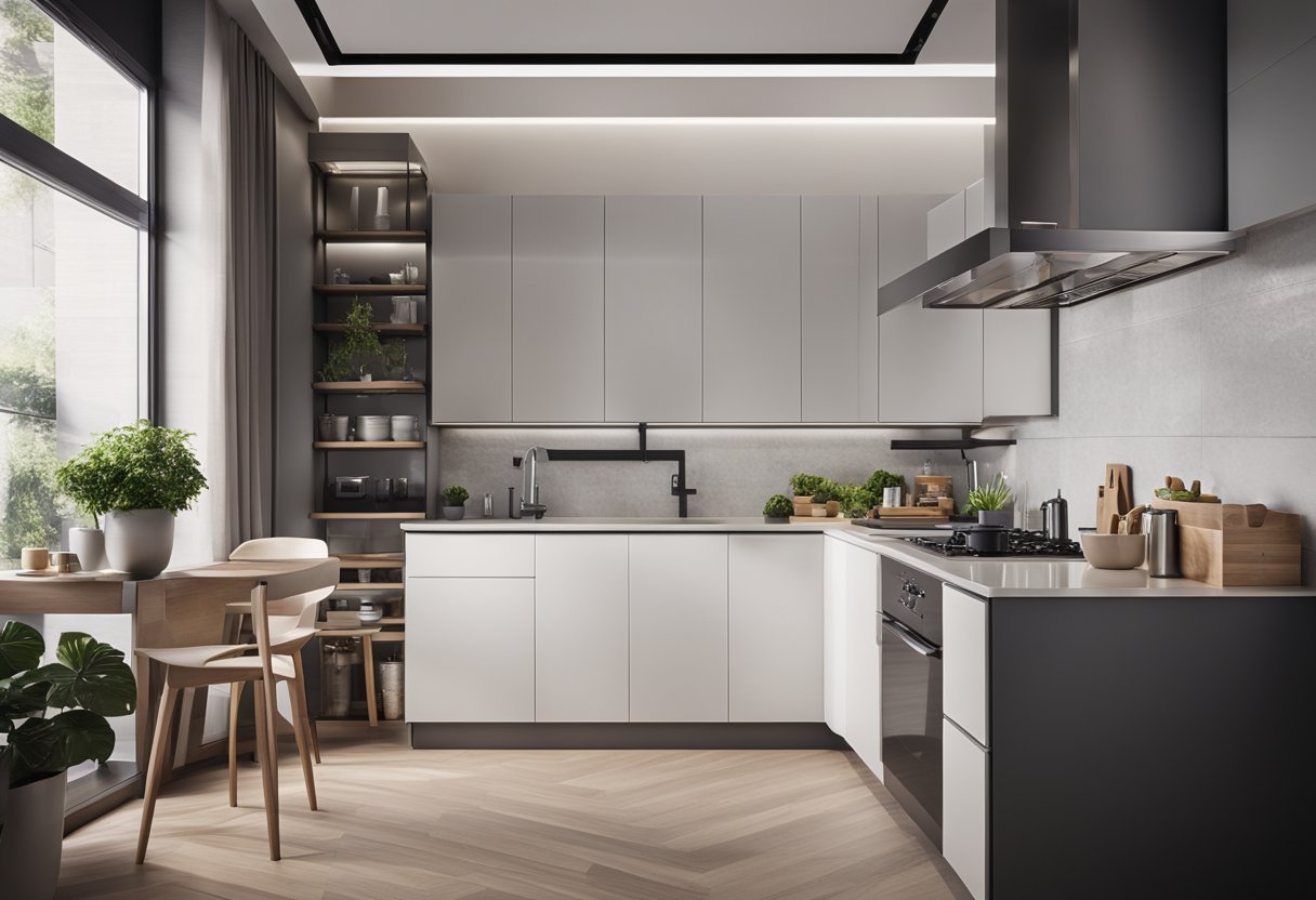 A compact kitchen with sleek, modern furniture. Clean lines, minimalistic design, and efficient use of space