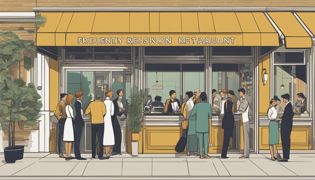 Customers line up outside a modern restaurant. A sign reads "Frequently Asked Questions poisson restaurant." The interior bustles with activity as waitstaff attend to diners