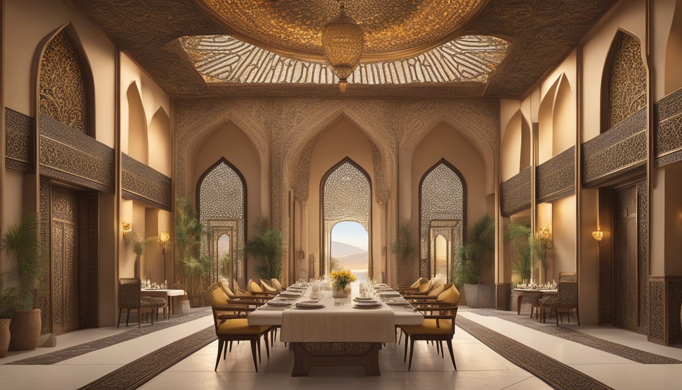 The grand entrance of Shabestan, with intricate Persian architecture and ornate detailing, sets the scene for a luxurious dining experience