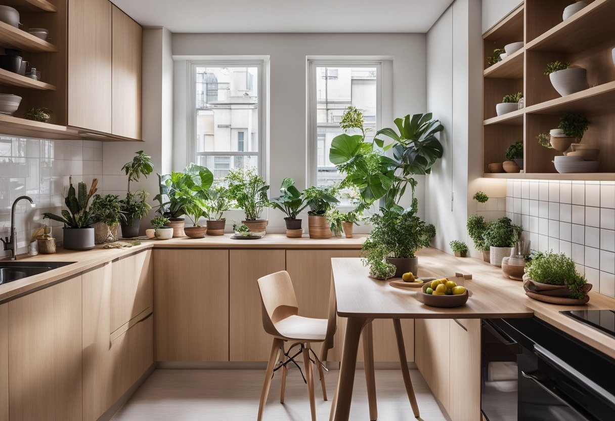 A small kitchen with modern furniture, including a compact dining table and chairs, sleek cabinets, and a stylish countertop. A window lets in natural light, and there are decorative plants on the shelves