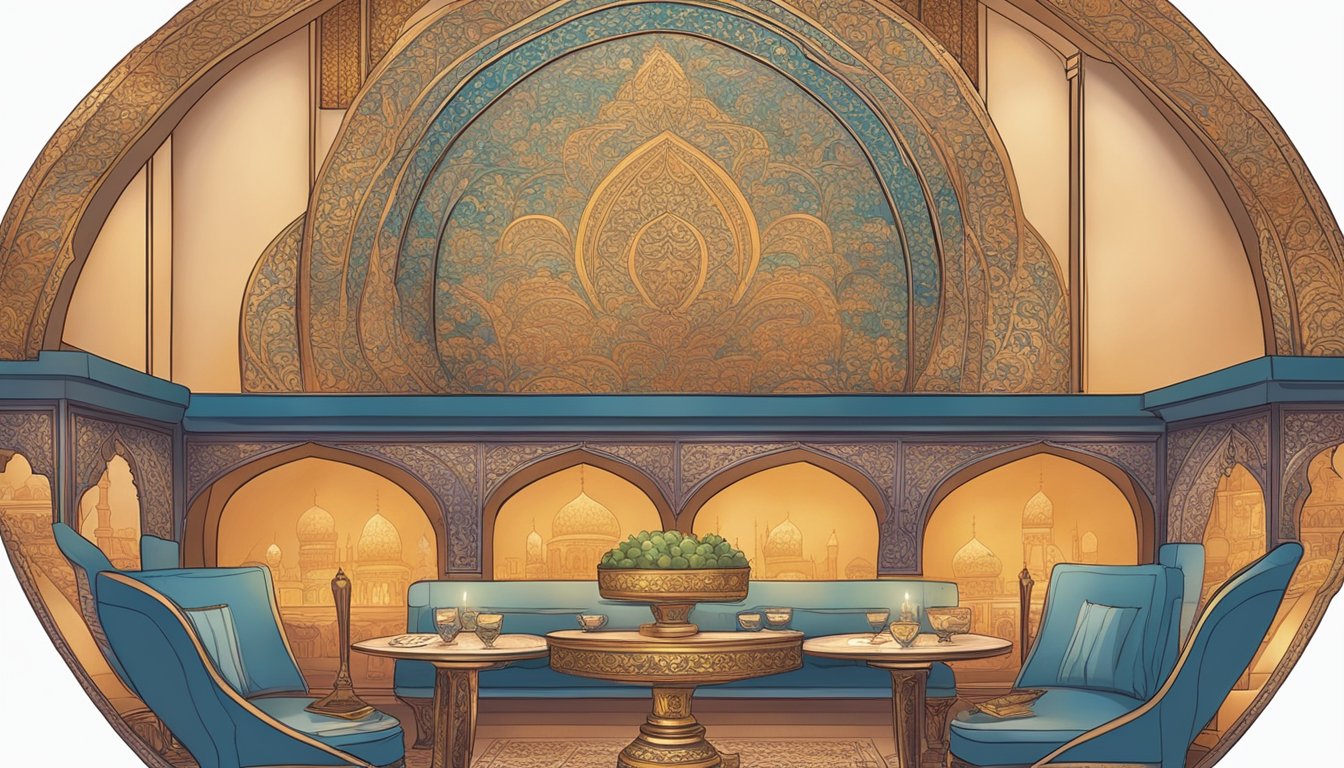 The menu is displayed on a richly decorated table, surrounded by elegant Persian decor. The soft glow of ambient lighting adds to the warm and inviting atmosphere