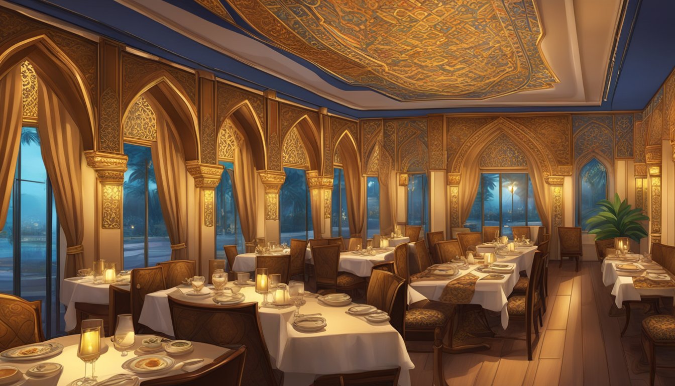 The elegant interior of Shabestan Persian restaurant, with ornate decor and ambient lighting, creates a warm and inviting atmosphere for a luxurious dining experience