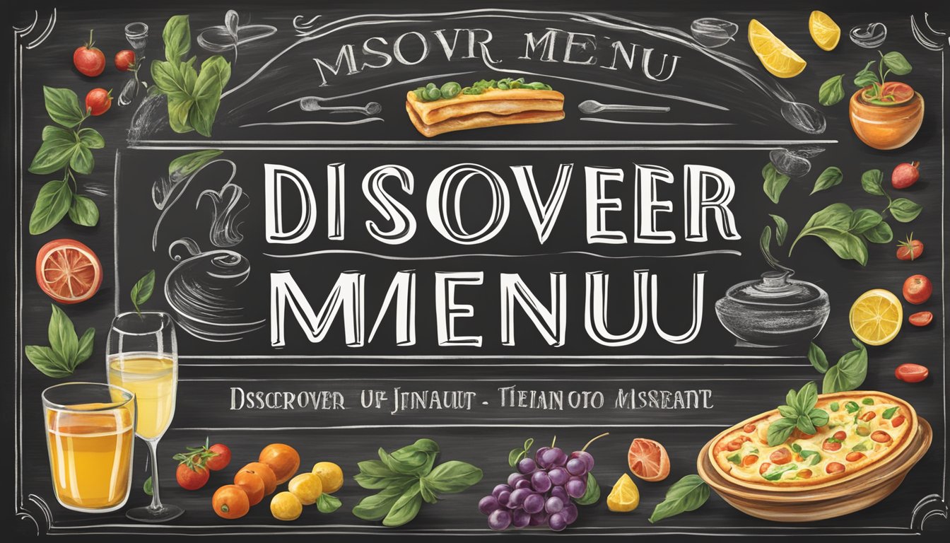A colorful chalkboard sign outside a cozy Italian restaurant, displaying the words "Discover Our Menu" in elegant script with a border of traditional Italian food illustrations
