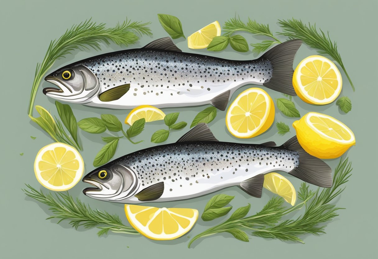 A trout lies on a bed of fresh herbs and lemon slices, ready to be seasoned and grilled over an open flame