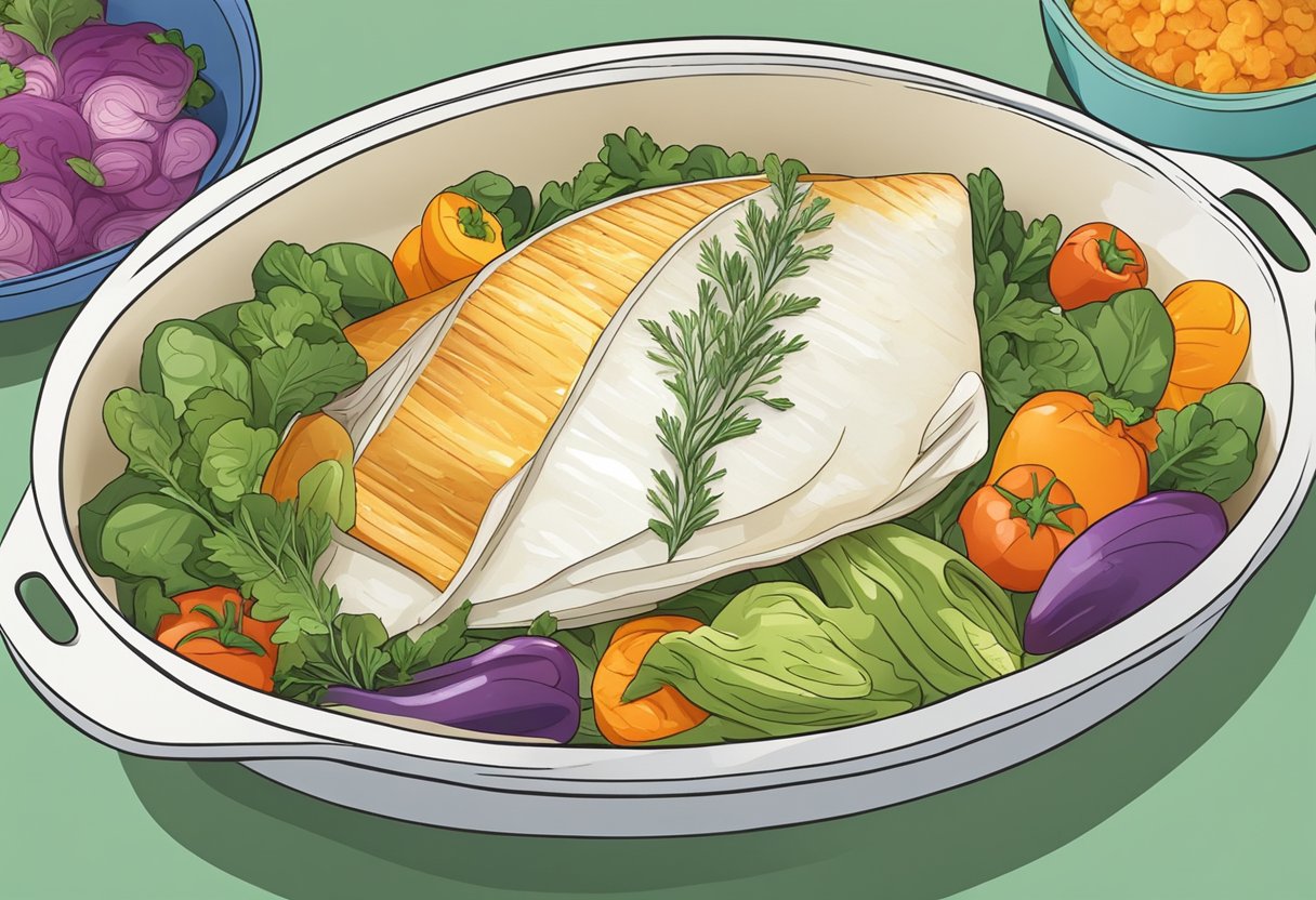 A white fish fillet is seasoned with herbs and placed on a bed of colorful vegetables in a baking dish. The dish is then placed in the oven to bake until the fish is flaky and tender