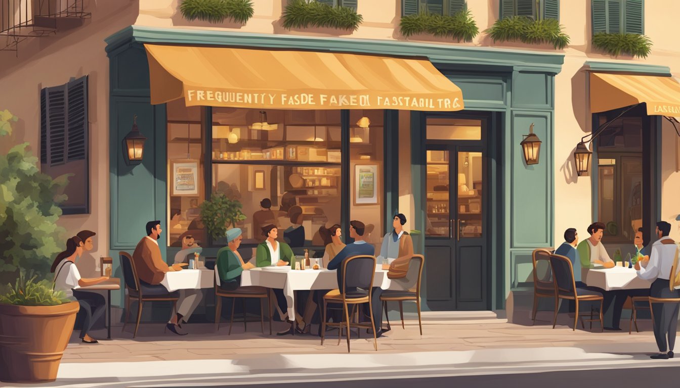A bustling Italian restaurant with a sign reading "Frequently Asked Questions" at the entrance. Customers chatting, waiters serving food, and a cozy atmosphere