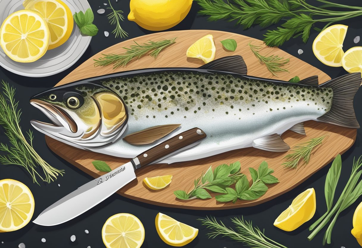 A trout lies on a cutting board, surrounded by fresh herbs and lemon slices. A chef's knife and a bowl of seasoning sit nearby