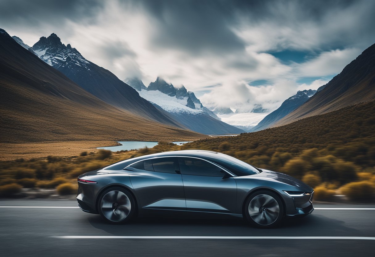 A sleek electric coupe speeds through rugged Patagonian terrain, surrounded by mountains and glaciers, showcasing PiÃ«ch's off-grid adventure