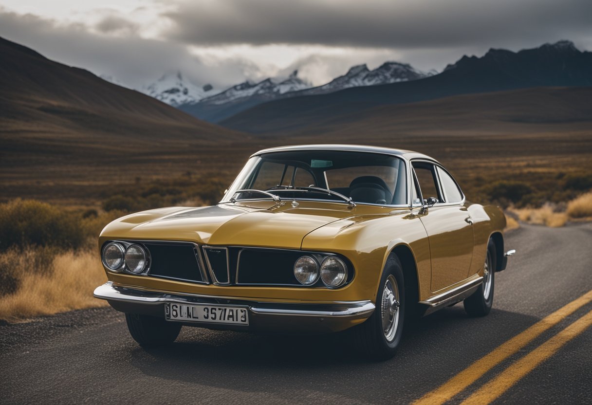 A sleek electric coupe traverses rugged Patagonian landscape, surrounded by mountains and pristine wilderness