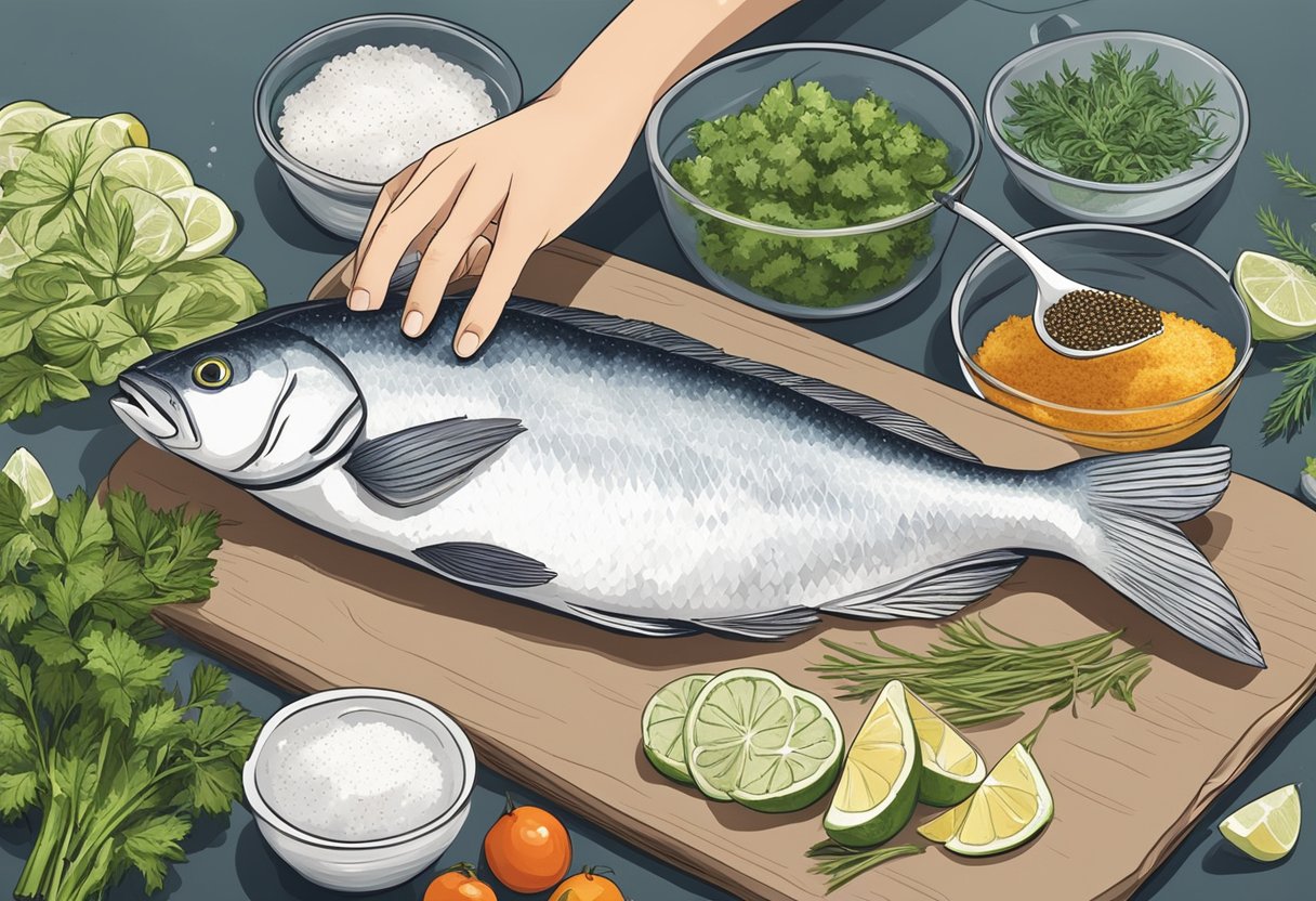 A hand reaches for a fresh white fish at the market, then carefully prepares it with seasonings and herbs in a clean kitchen