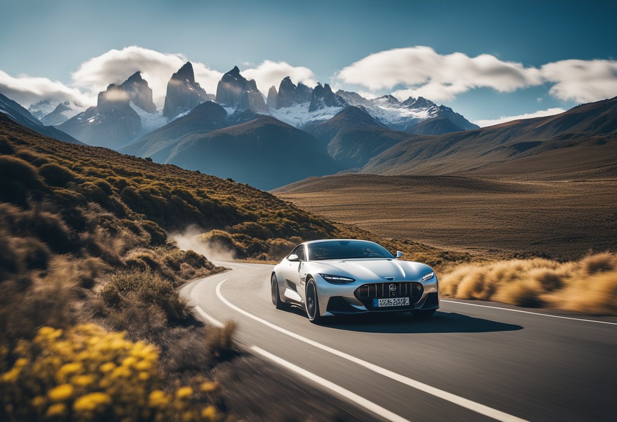 A sleek electric coupe speeds through rugged Patagonian terrain, surrounded by breathtaking natural landscapes and off-grid adventure