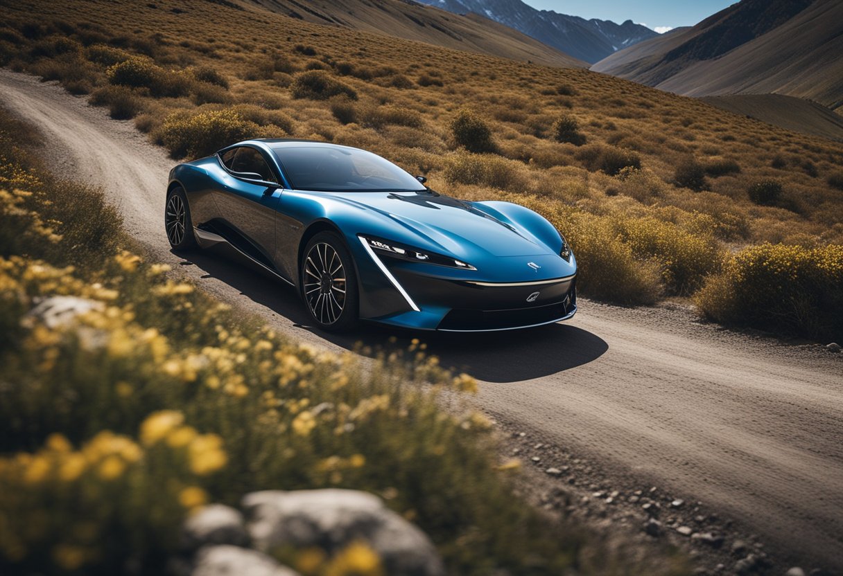 A sleek electric coupe speeds through the rugged terrain of PiÃ«ch's Patagonian Playground, showcasing its off-grid adventuring capabilities