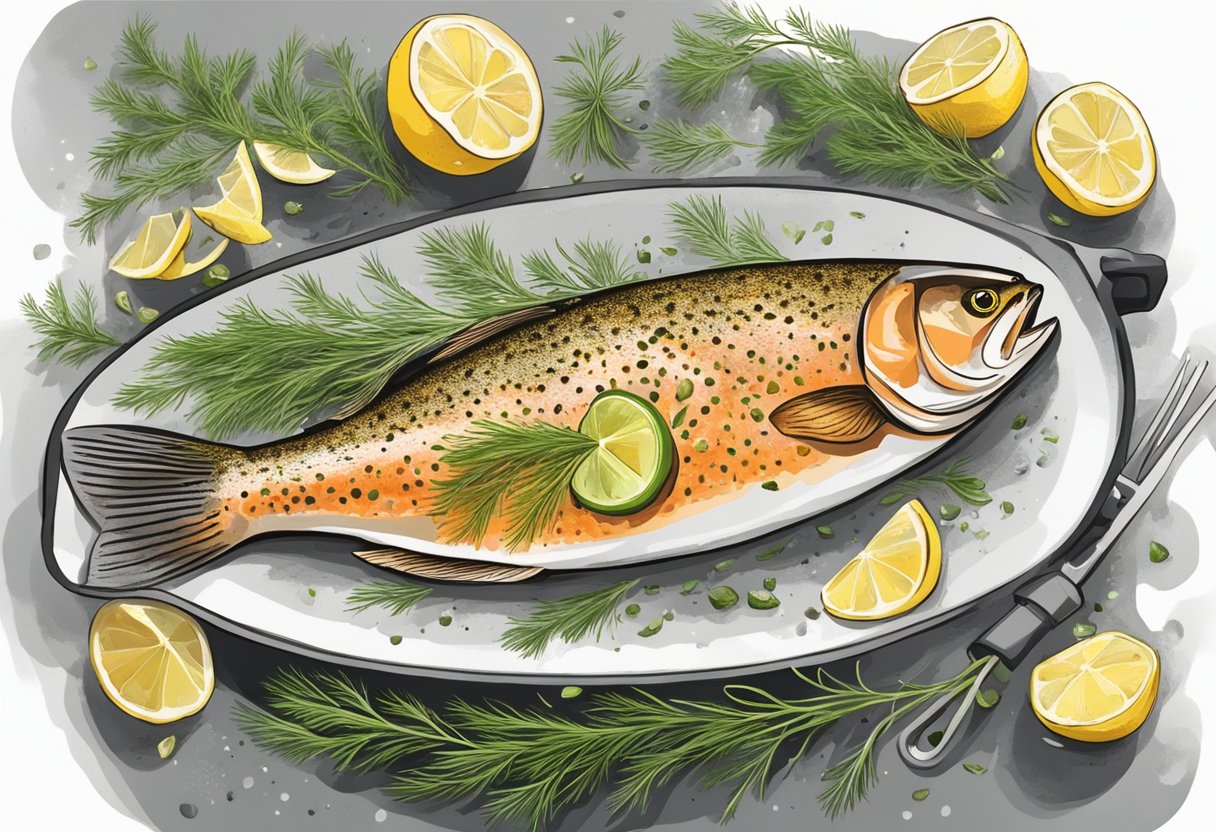 Trout fish being seasoned with herbs and spices, then placed on a hot grill to cook. Lemon slices and fresh dill nearby