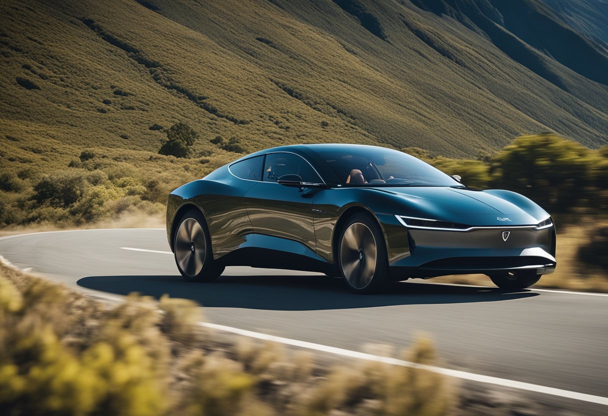 A sleek electric coupe speeds through rugged Patagonian terrain, surrounded by towering mountains and lush greenery, as it navigates off the grid in PiÃ«ch's Patagonian Playground