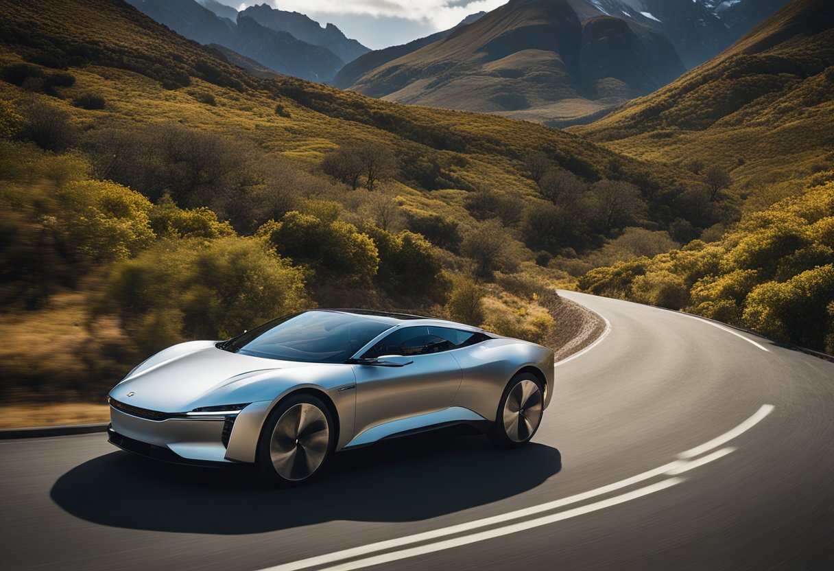 A sleek electric coupe navigates rugged terrain, surrounded by the wild beauty of Patagonia. The vehicle exudes luxury and comfort, embodying the perfect blend of adventure and sophistication