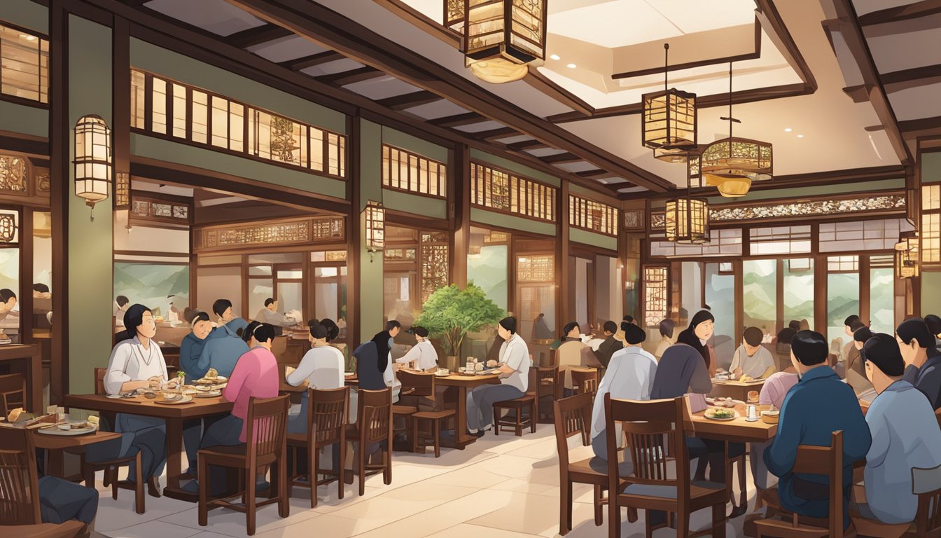 The Shinmanbok restaurant bustles with diners enjoying Korean cuisine amidst traditional decor and soothing ambiance