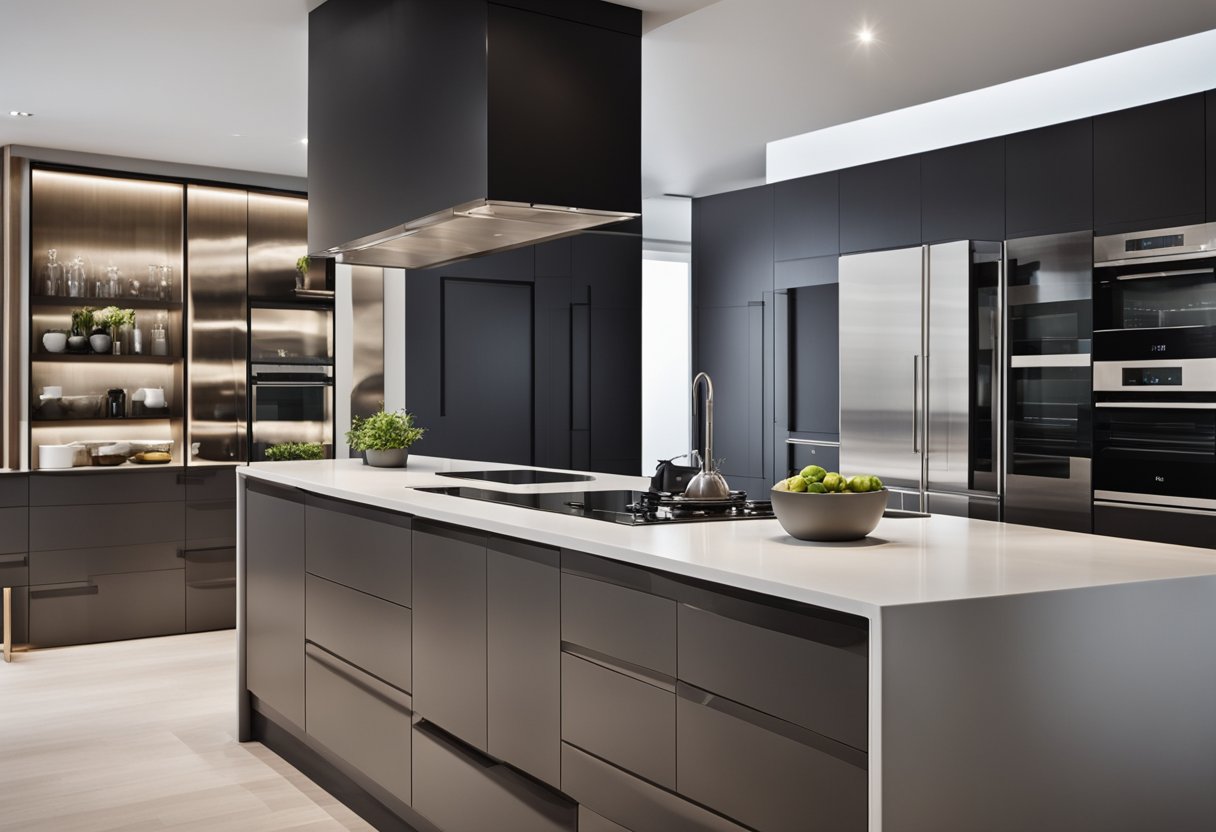 A hand reaches out to open a sleek, modern designer kitchen door, revealing a spacious and luxurious interior