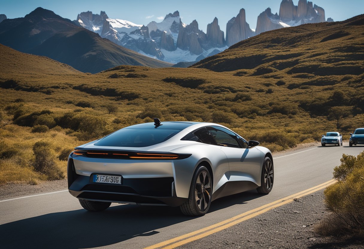 A sleek electric coupe navigates rugged terrain in Patagonia, leaving behind a minimal environmental footprint. Solar panels on the vehicle's roof harness the sun's energy, showcasing sustainability in action