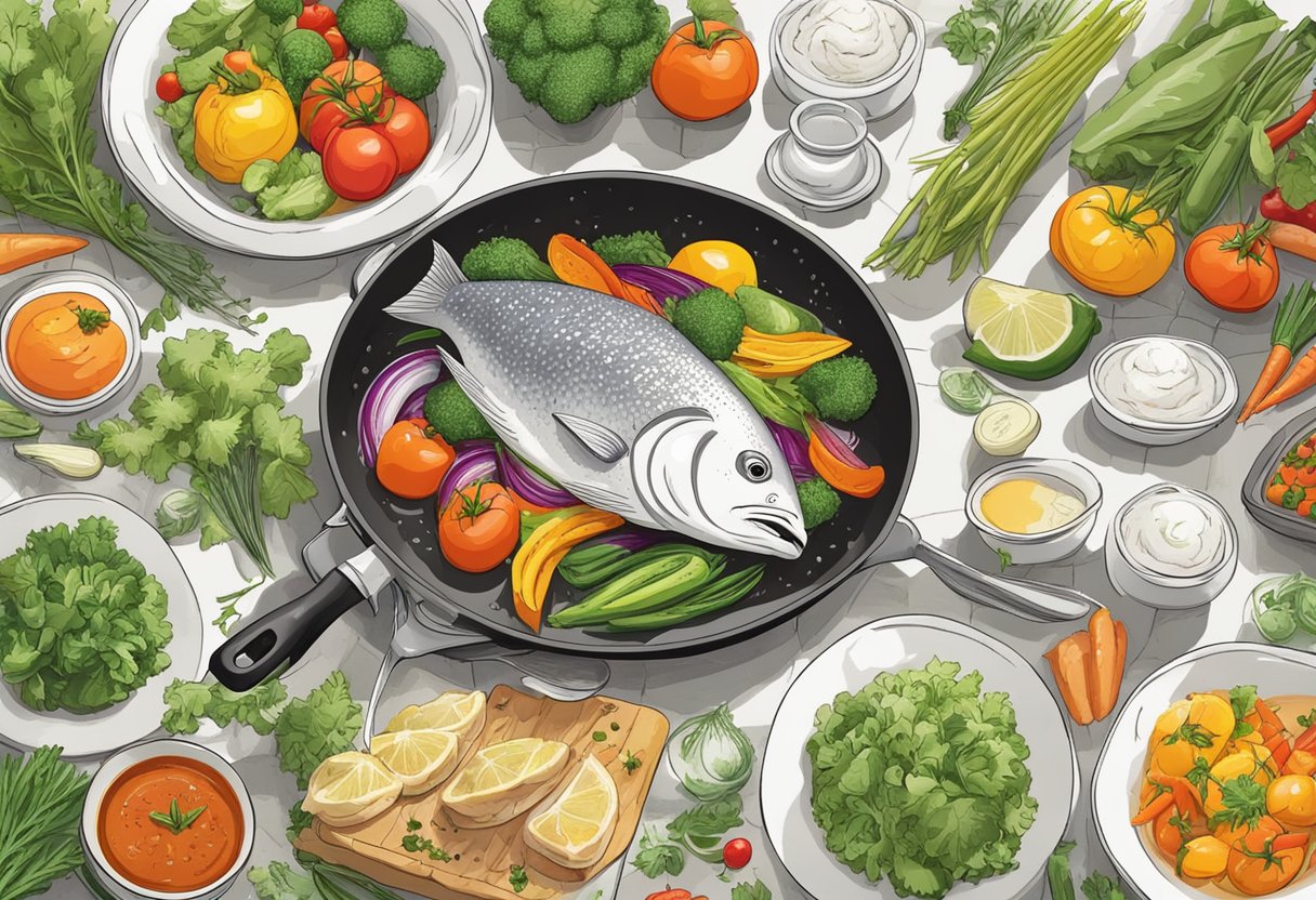 White fish sizzling in a pan, surrounded by colorful vegetables and aromatic herbs. A chef's hand gracefully plates the dish, adding a final drizzle of sauce