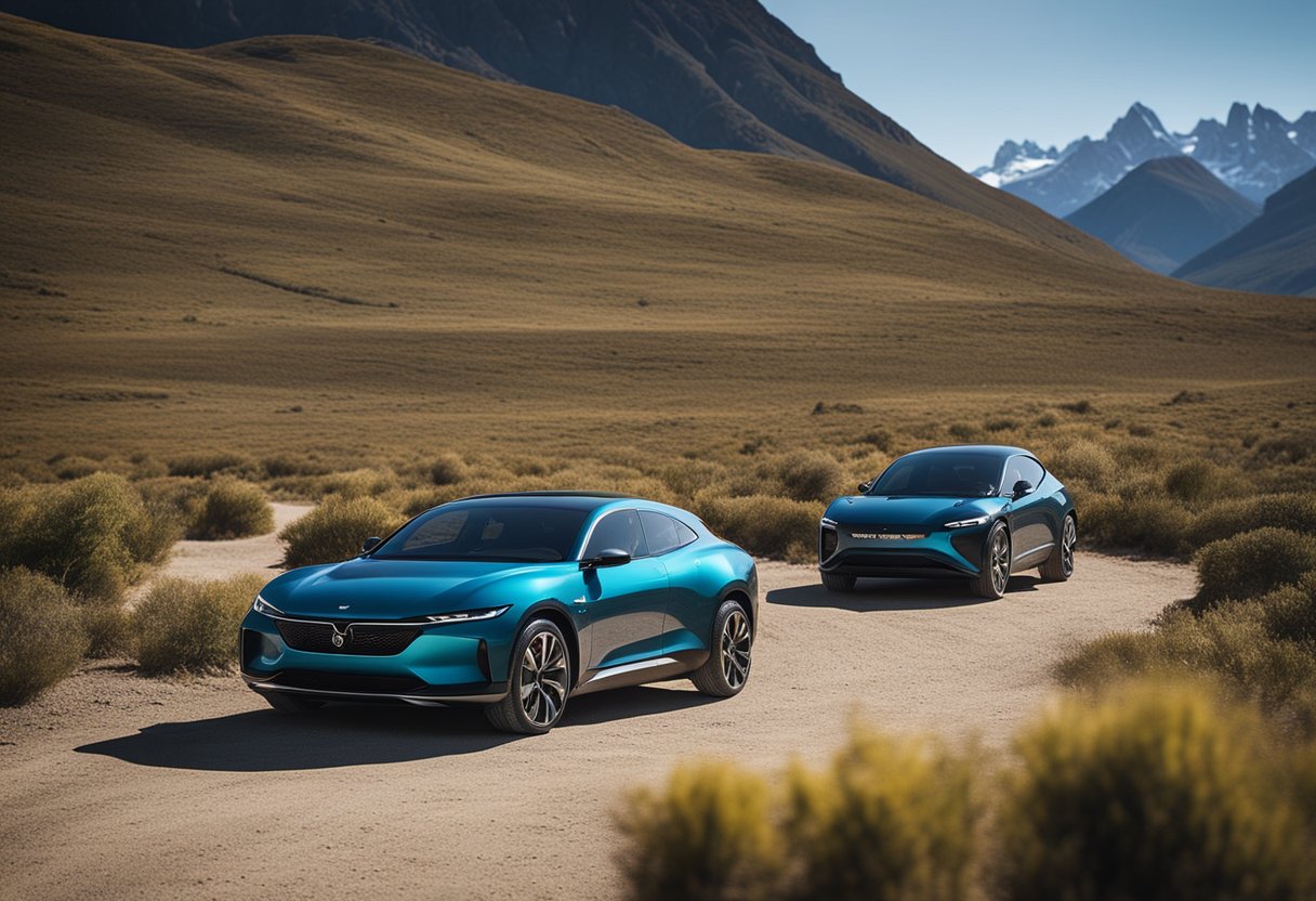 A sleek electric coupe sits in a rugged, off-grid landscape. Competitors' vehicles are parked nearby, emphasizing the market position of PiÃ«ch's Patagonian Playground