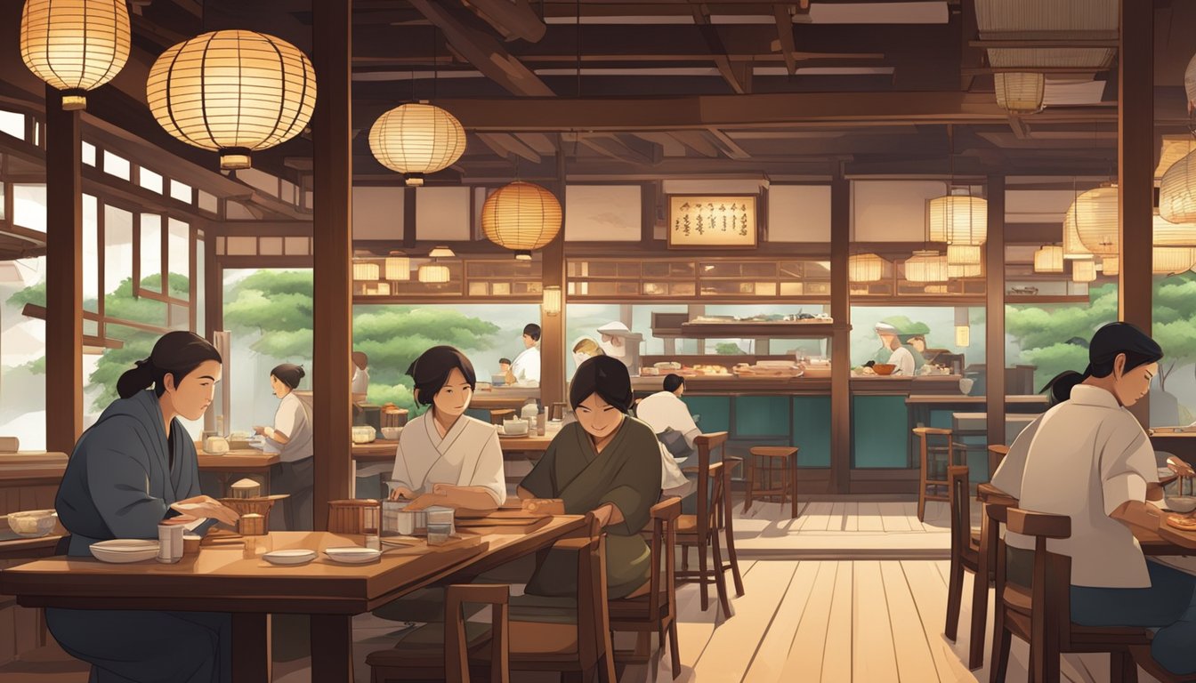 A cozy Japanese restaurant with traditional decor, low tables, and paper lanterns. Sushi chefs prepare fresh fish behind the counter while diners enjoy their meals