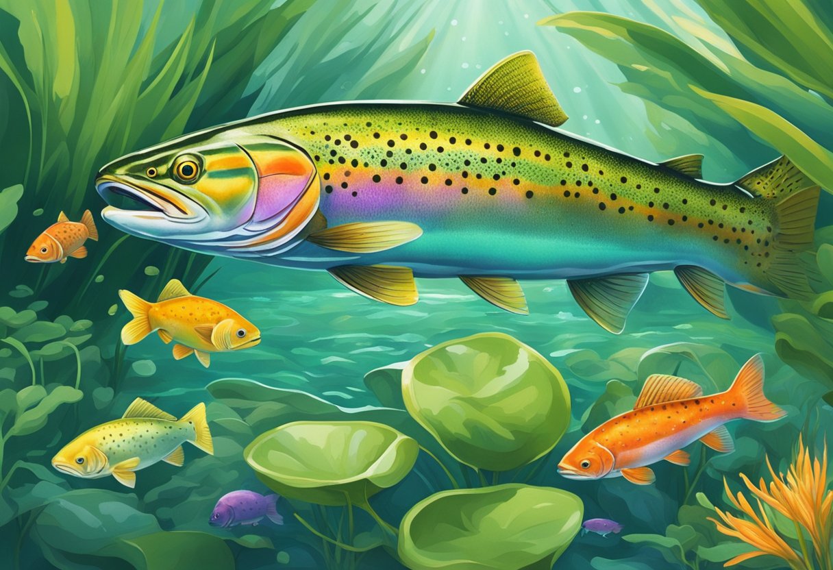 A trout swimming gracefully in a clear, flowing stream, surrounded by vibrant green aquatic plants and small, colorful fish darting around