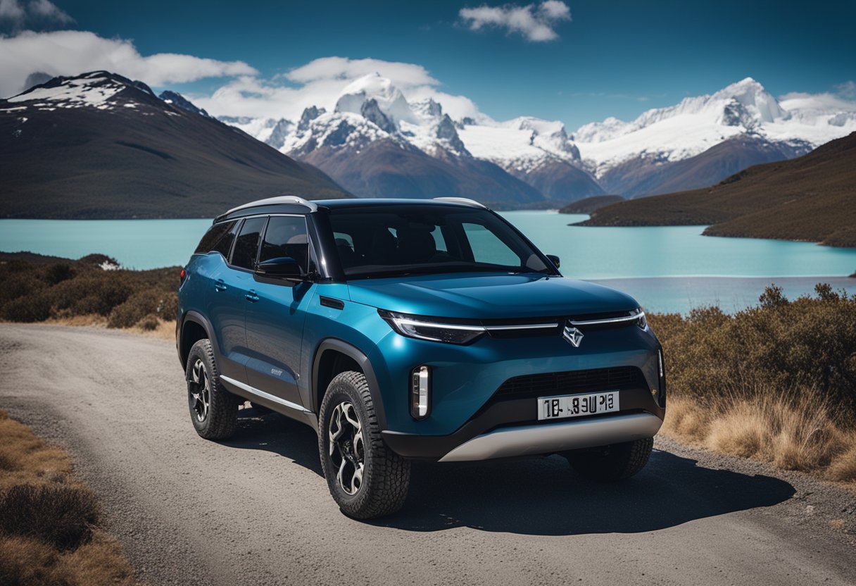 A sleek electric coupe traverses rugged Patagonian terrain, surrounded by snow-capped mountains and pristine lakes. Off the grid, the vehicle showcases its adventurous spirit in PiÃ«ch's Patagonian playground