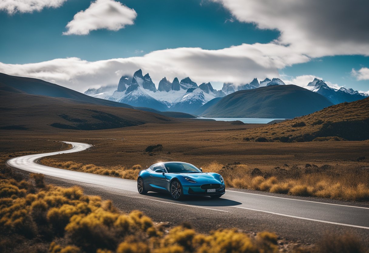 A sleek electric coupe drives through rugged Patagonian landscape, off the grid