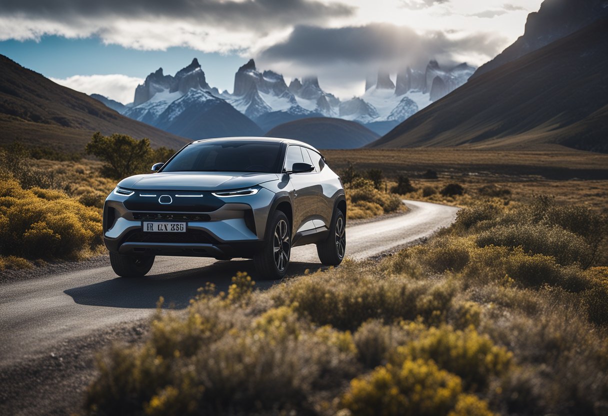 A sleek electric coupe navigates rugged terrain in Patagonia, surrounded by mountains and wild landscapes. The vehicle is featured prominently, showcasing its off-grid capabilities